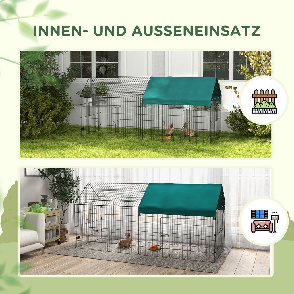 PawHut Kleintiergehege mit Dach, 4 Türen, wetterfest, Stahl/Polyester, 220x85x103cm, Grün/Schwarz