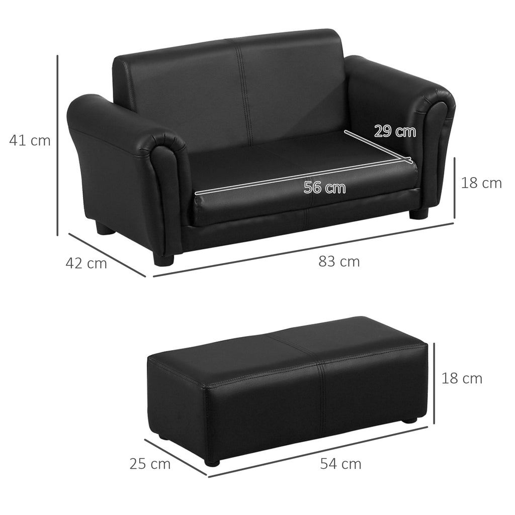 HOMCOM Kindersessel mit Fußhocker, Kindercouch mit Hocker, Kindersofa, Sofa Sessel, Schwarz, 83 x 42 x 41 cm