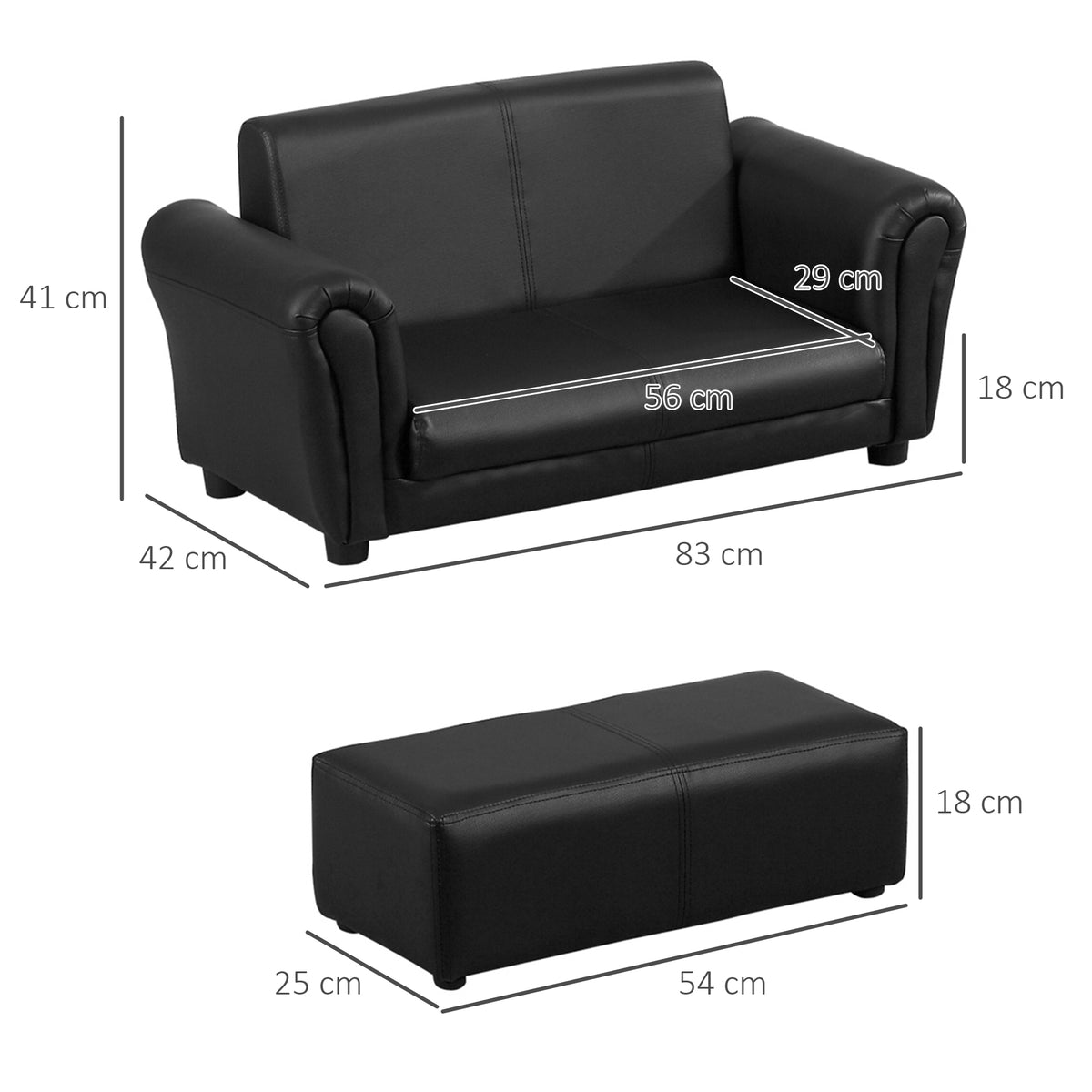 HOMCOM Kindersessel mit Fußhocker, Kindercouch mit Hocker, Kindersofa, Sofa Sessel, Schwarz, 83 x 42 x 41 cm