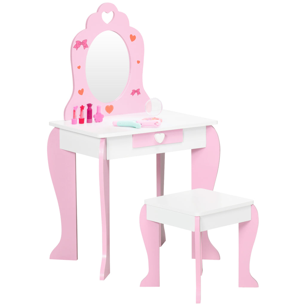 ZONEKIZ Kinderschminktisch für Mädchen von 3 bis 6 Jahren Schminktisch mit Hocker Spiegel und Schublade 50 x 36,5 x 89,5 cm Rosa