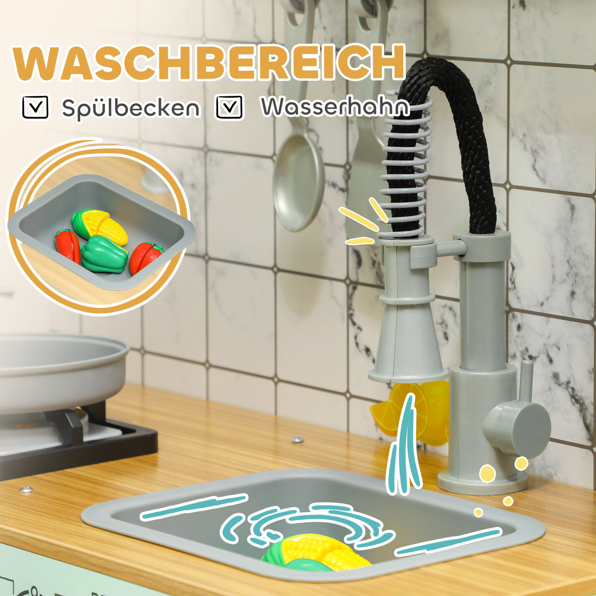 AIYAPLAY Kinderküche zum Spielen, Küchenset mit Tafel, Dunstabzugshaube, realistische Licht- und Soundeffekte, Küchenutensilien