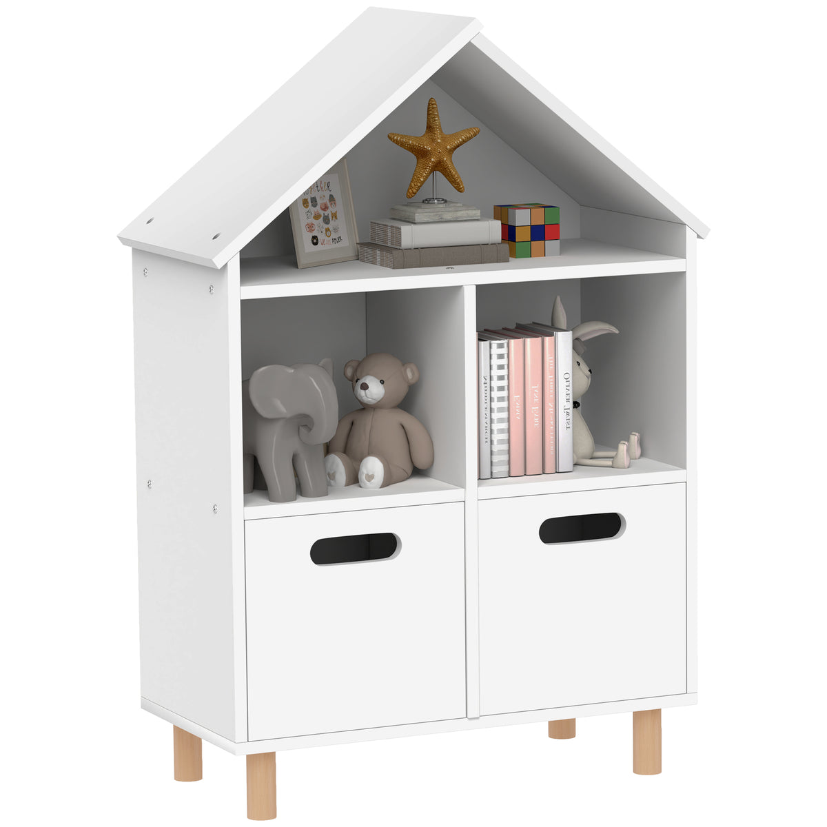 AIYAPLAY Kinderbücherregal Kinder Aufbewahrungsmöbel 3 Ebenen mit zwei Schubladen hausförmig 63,7 x 29,7 x 89 cm weiß