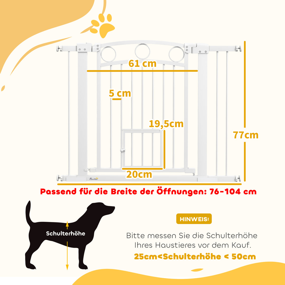 PawHut Haustiertor, 77 cm Treppengatter, verstellbare Breite 76-104 cm, mit Katzentür, für Treppen und Türöffnungen, Weiß