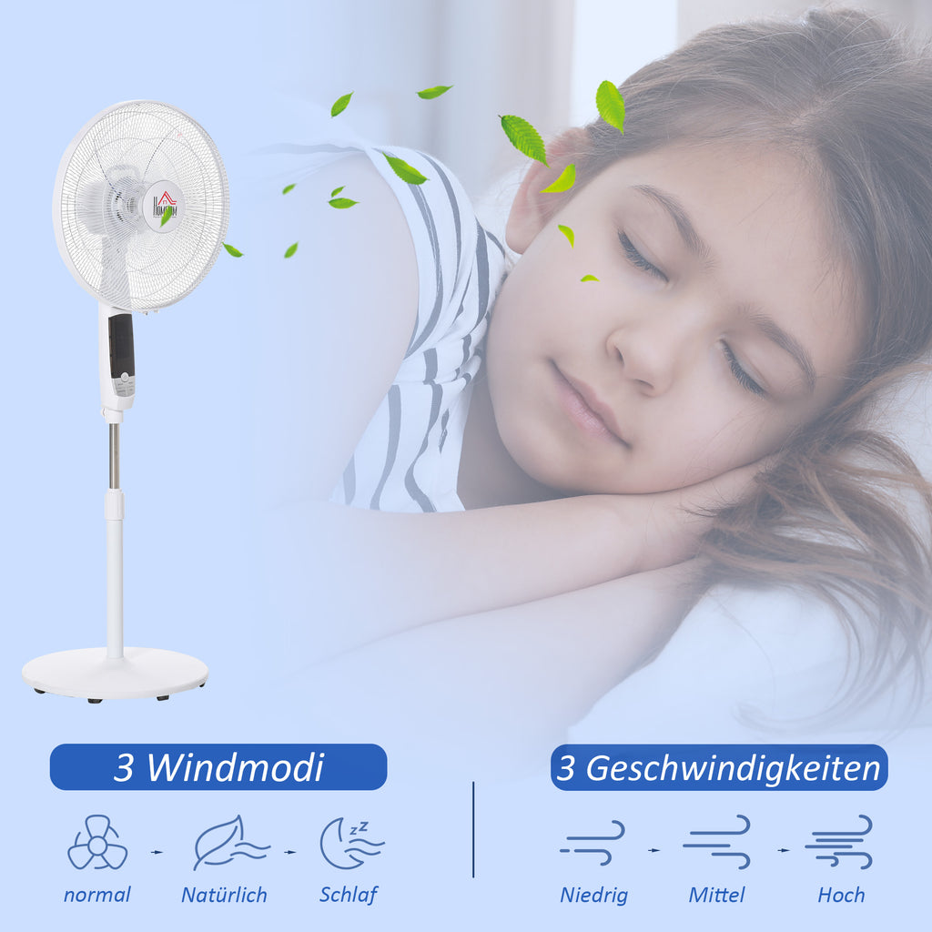 HOMCOM Standventilator, 3 Geschwindigkeiten, 3 Modi, Timer, Fernbedienung, 45 x 42 x 118-138 cm, Weiß