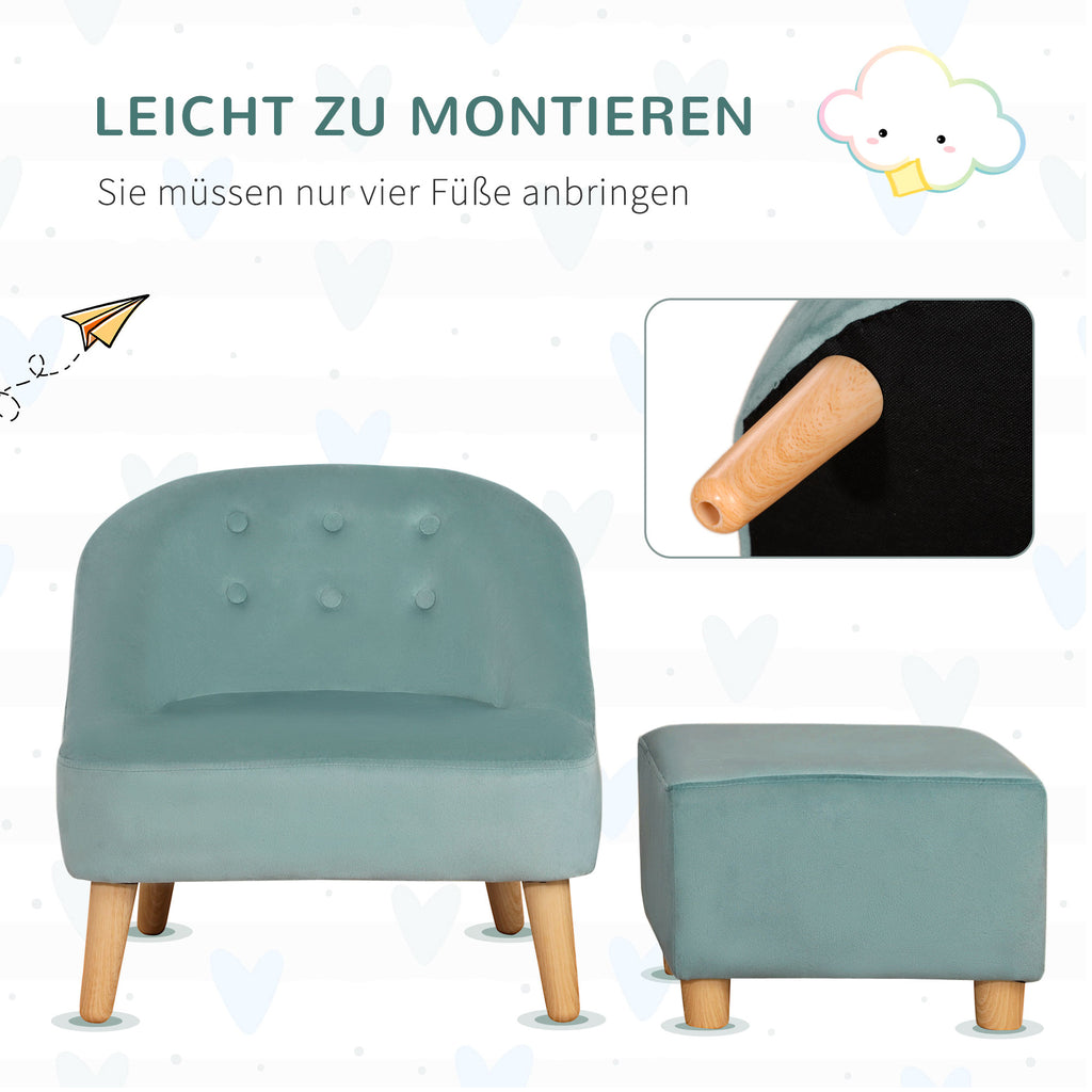 HOMCOM Kindersessel mit Ottomane für Kinder von 3 bis 5 Jahren Niedliches Design Samtoptik 51 cm x 51 cm x 50 cm Grün