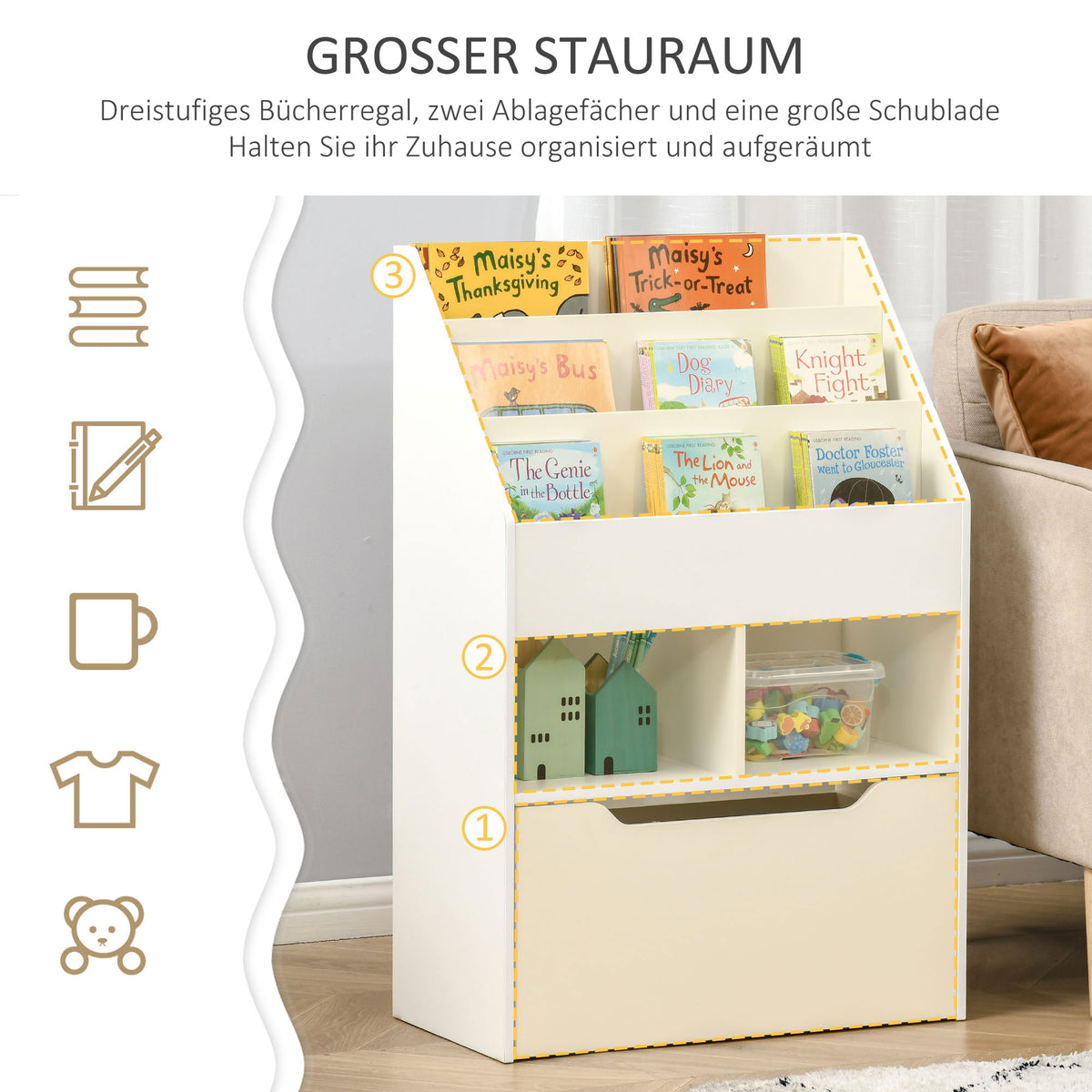 HOMCOM Kinderregal mit Schublade Standregal Bücherregal Dekoregal mit Fächer Weiß 60 x 29,9 x 90 cm