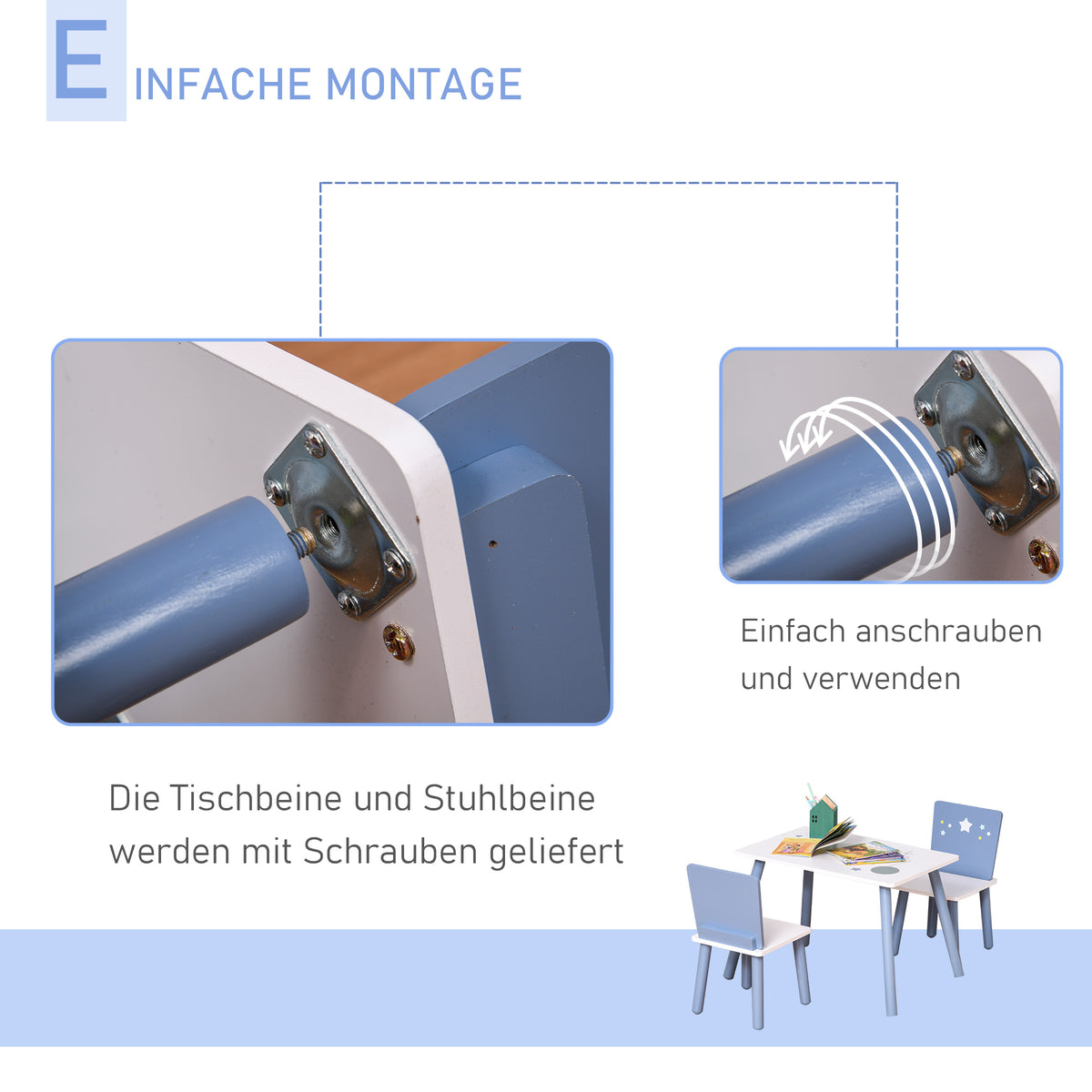 HOMCOM 3-tlg. Kindersitzgruppe mit Kindertisch Kinderstuhl Kindermöbel aus Holz Sitzgruppe Kinder für Kleinkind Mädchen Junge Holz Blau+Weiß 60 x 40 x 43 cm