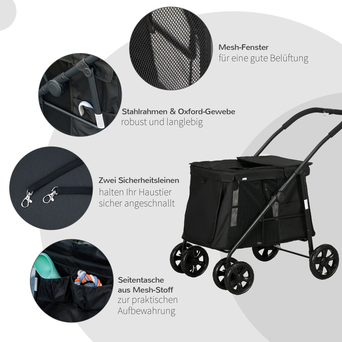 PawHut Hundetrolley inkl. Kissen, 3 Seitentaschen, klappbar, Hundewagen, 102 cm x 62 cm x 105 cm, Schwarz