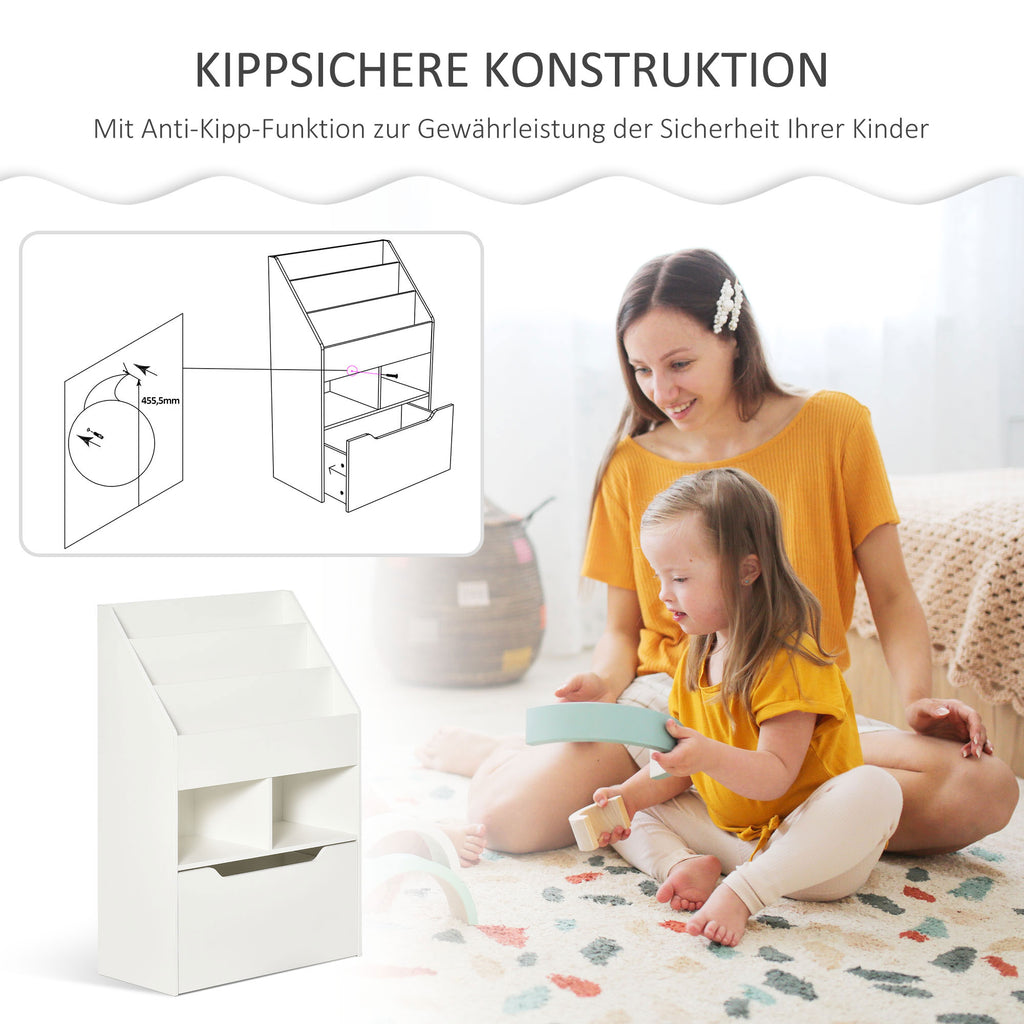 HOMCOM Kinderregal mit Schublade Standregal Bücherregal Dekoregal mit Fächer Weiß 60 x 29,9 x 90 cm