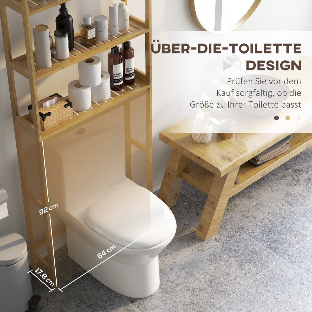 kleankin Badezimmerregal Badregal Toilettenregal, 3 Regale, wasserbeständig, 68 cm x 20 cm x 165 cm, Natur