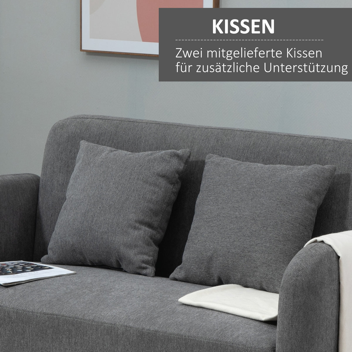 HOMCOM 2 Sitzer Sofa, Couch mit 2 Wurfkissen, gepolsterter Doppelsofa, Polstersofa mit Samtopik, Armlehne, Loveseat für Wohnzimmer, Schlafzimmer,  130 x 70 x 80 cm, Grau