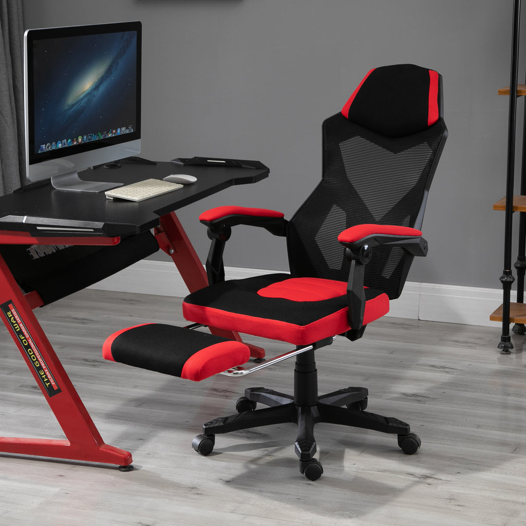 Vinsetto Ergonomischer Bürostuhl, Gaming Stuhl, Drehstuhl mit Fußstütze, PC Stuhl, Chefsessel,  höhenverstellbar, Polyester, Schwarz+Rot,58 x 63 x 112-122 cm