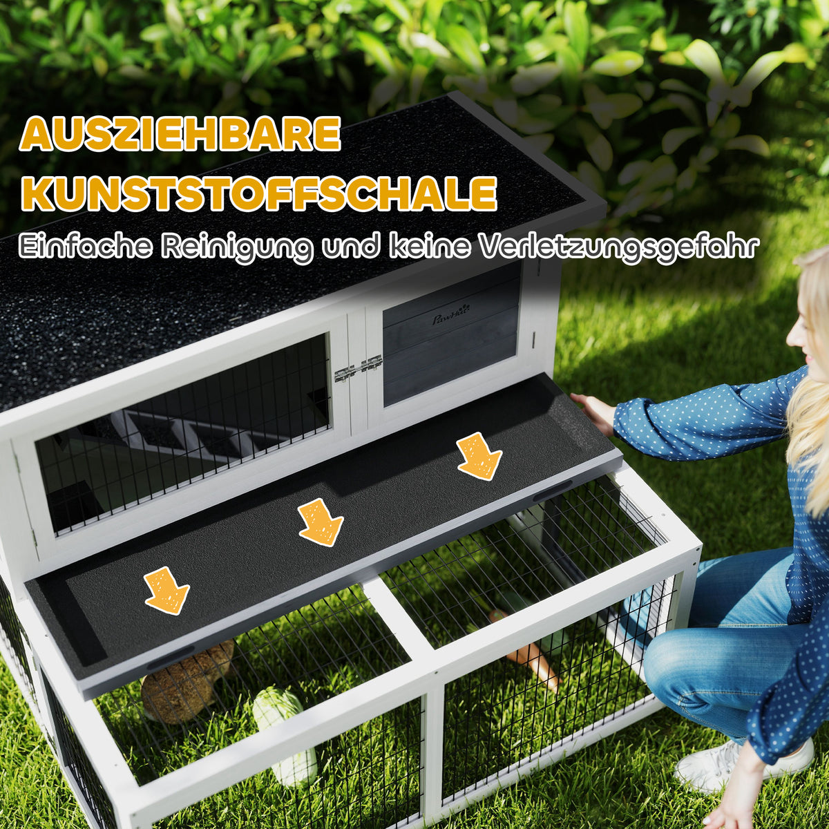 PawHut Hasenstall 2 Ebenen mit klappbar Dach Kaninchenstall aus Vollholz Winterfest Doppelstockhaus 122x95x93,5 cm Grau