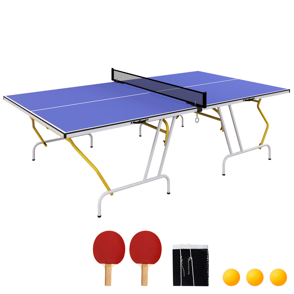 SPORTNOW Tischtennisplatte, klappbar, inkl. 2 Schläger, 3 Bälle, Netz, In- & Outdoor, Metallgestell, 274x152x76cm, Blau