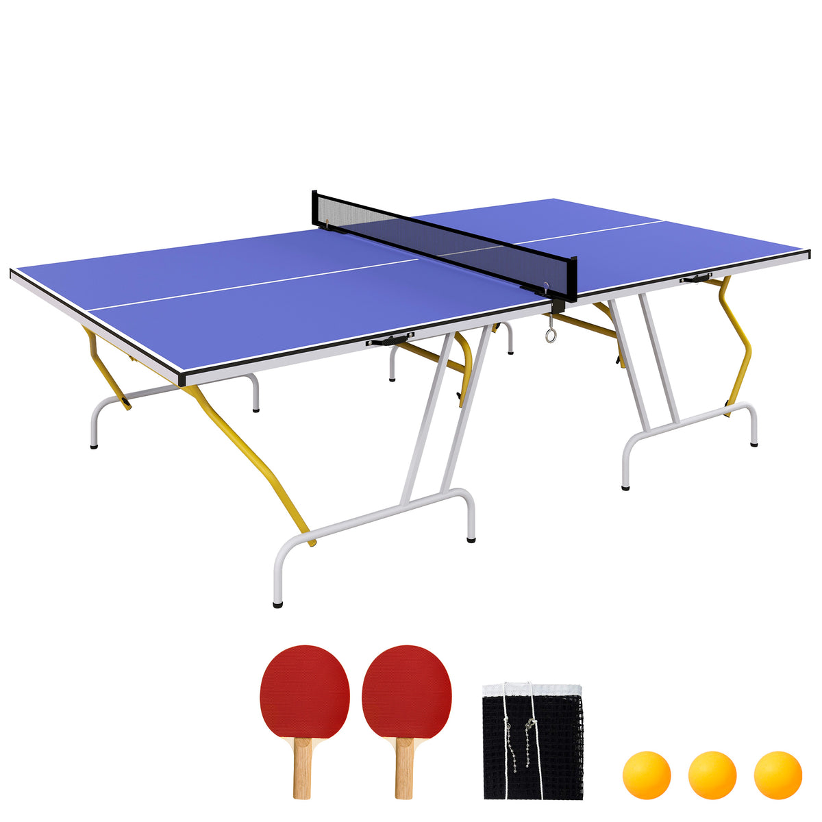 SPORTNOW Tischtennisplatte, klappbar, inkl. 2 Schläger, 3 Bälle, Netz, In- & Outdoor, Metallgestell, 274x152x76cm, Blau