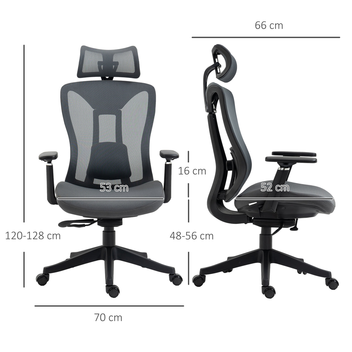 Vinsetto Bürostuhl Computerstuhl 135° Neigungsfunktion, höhenverstellbar, 70 cm x 66 cm x 120-128 cm, Grau