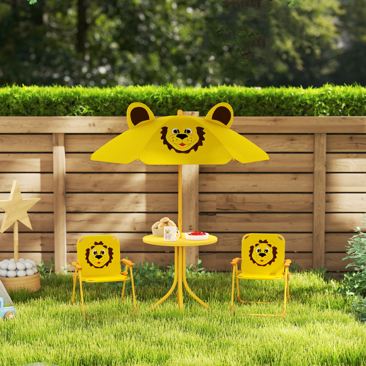 AIYAPLAY Gartenmöbel-Set für Kinder, Stühle, Tisch, Sonnenschirm, Löwen-Design, Gelb