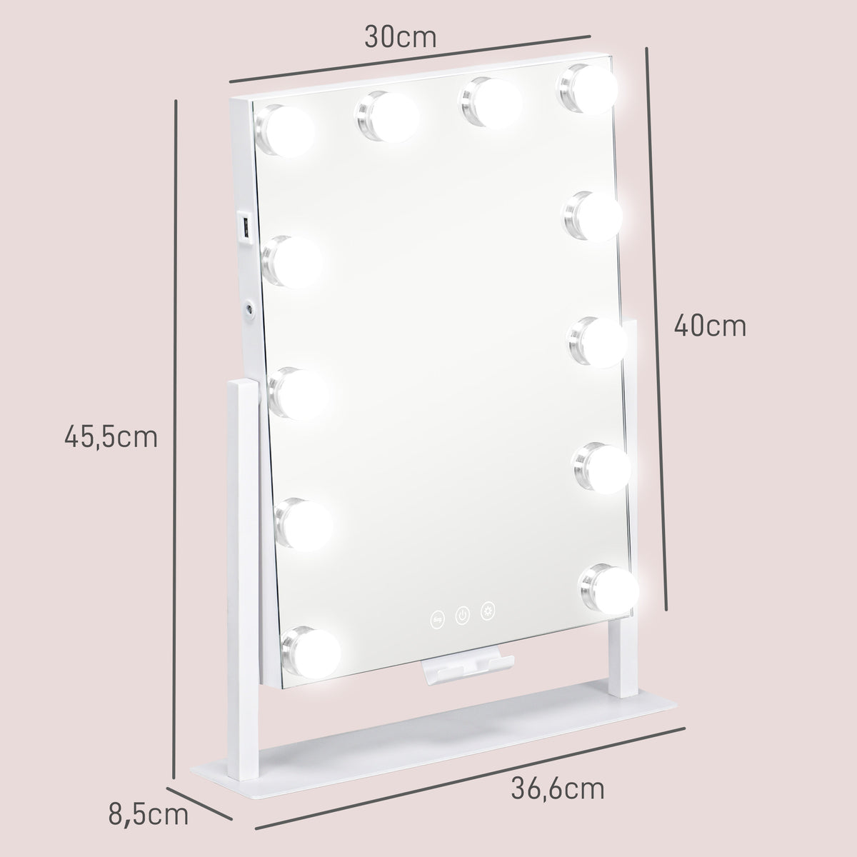 HOMCOM LED Kosmetikspiegel, 3 Lichtmodi, dimmbar, Touchsteuerung, USB, 37x46 cm, Weiß