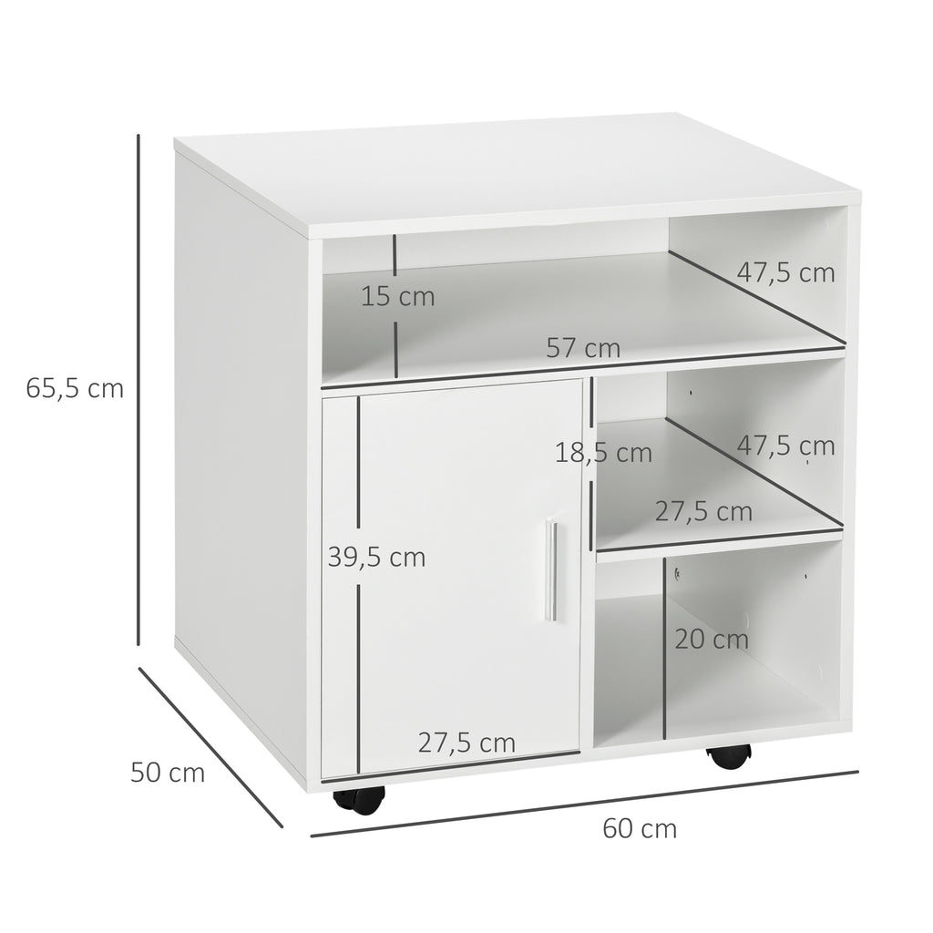 HOMCOM Druckerständer Druckertisch Bürowagen Rollwagen mit Schrank+Regale Spanlatte Weiß 60 x 50 x 65,5 cm
