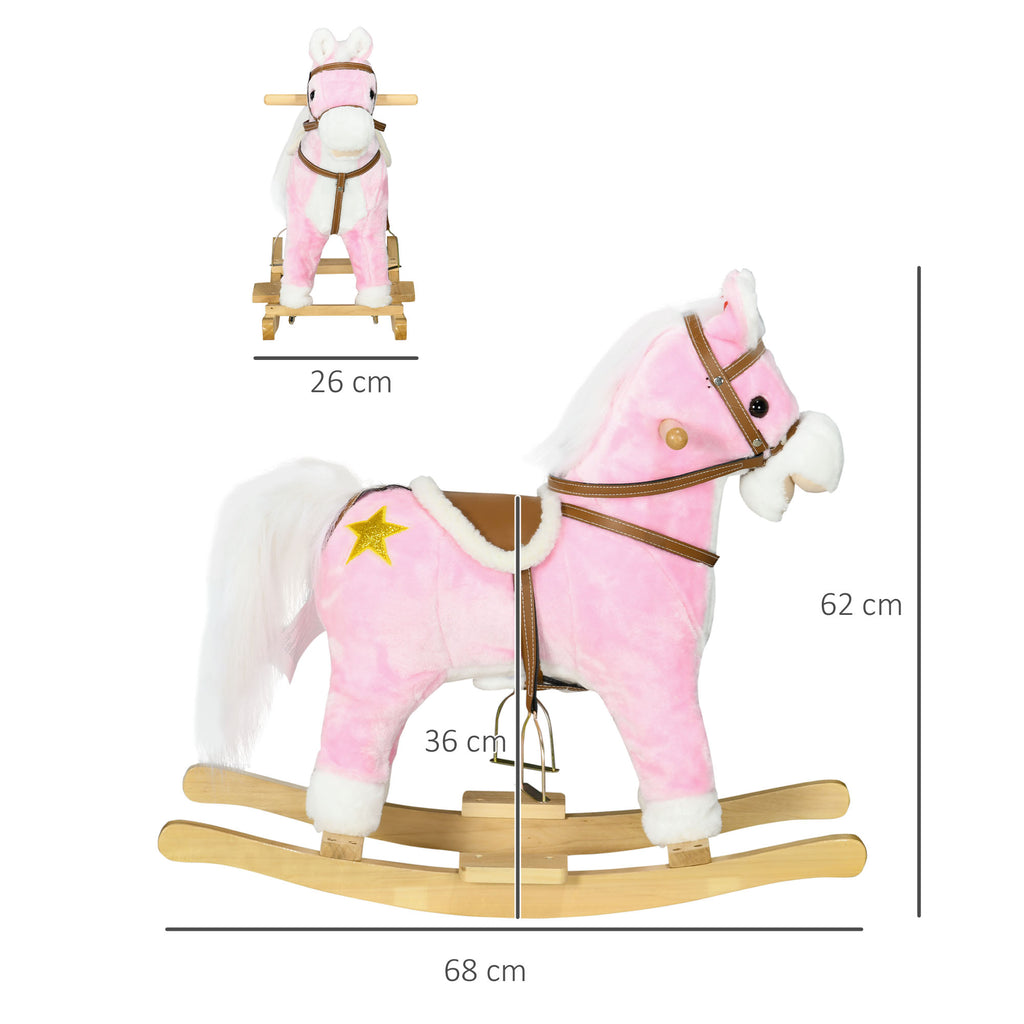 HOMCOM Schaukelpferd, Sattel mit Steigbügeln, Soundeffekte, Musik, Plüschkörper, Metallrahmen, bis 30 kg, pink