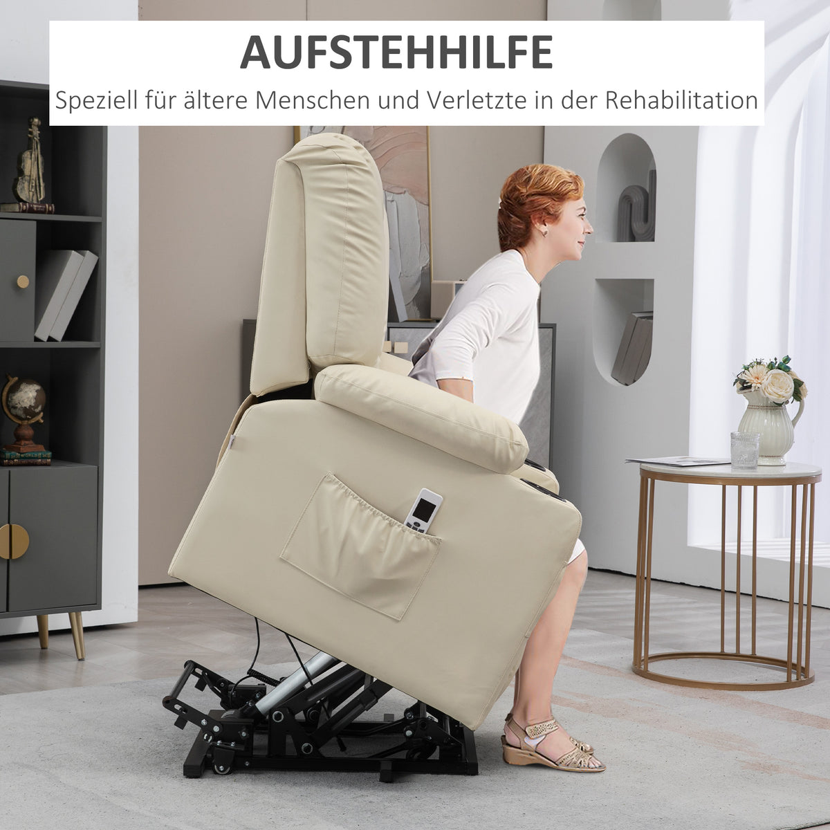HOMCOM Massagesessel Aufstehhilfe Seniorensessel, inkl. Fernbedienung, 4 Massagemodi, 90  cm x 98 cm x 102 cm, Creme