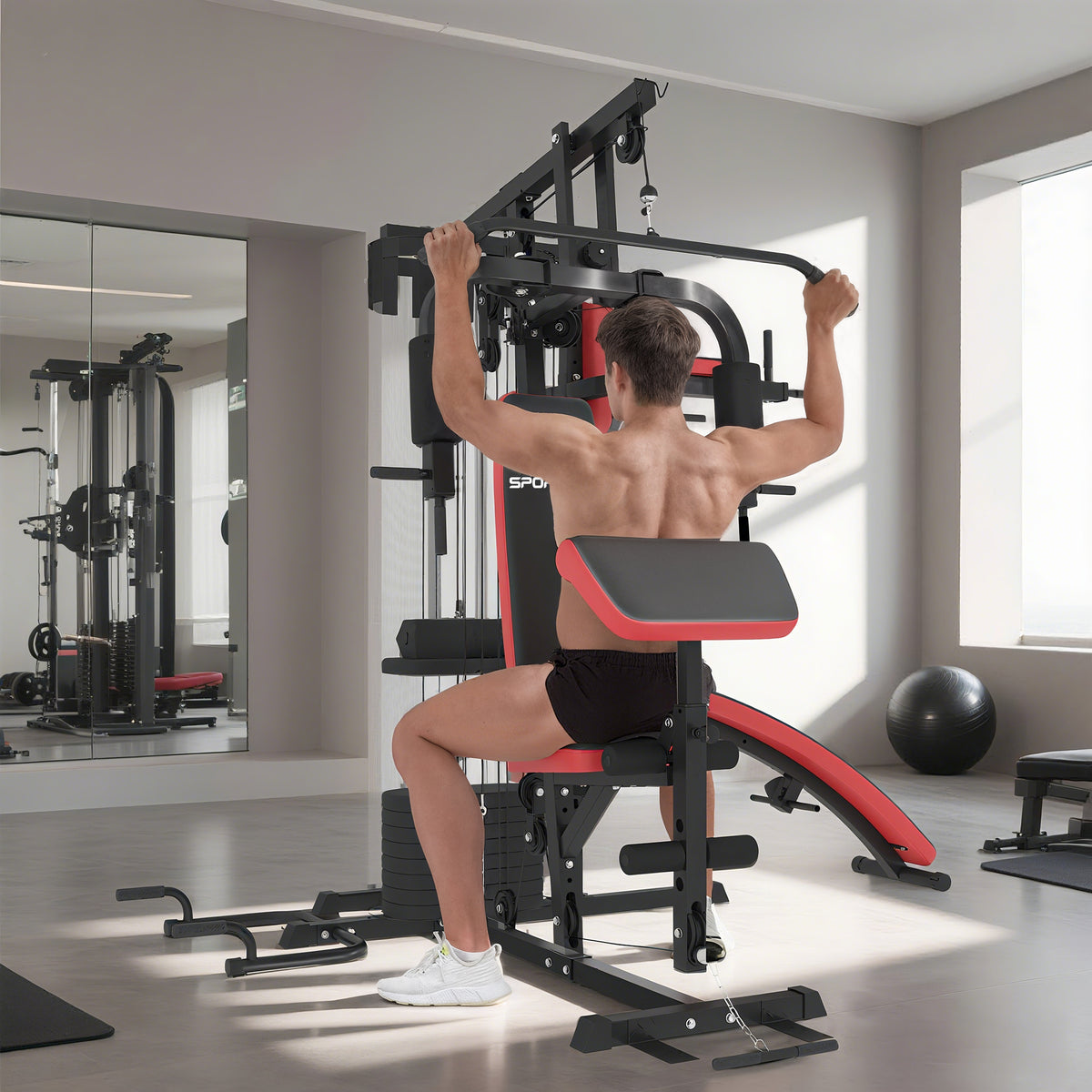 SPORTNOW Mehrzweck-Trainingsstation mit 65 kg Gewichtsblock, verstellbar, fürs Heimtraining, Stahl, Kunstleder