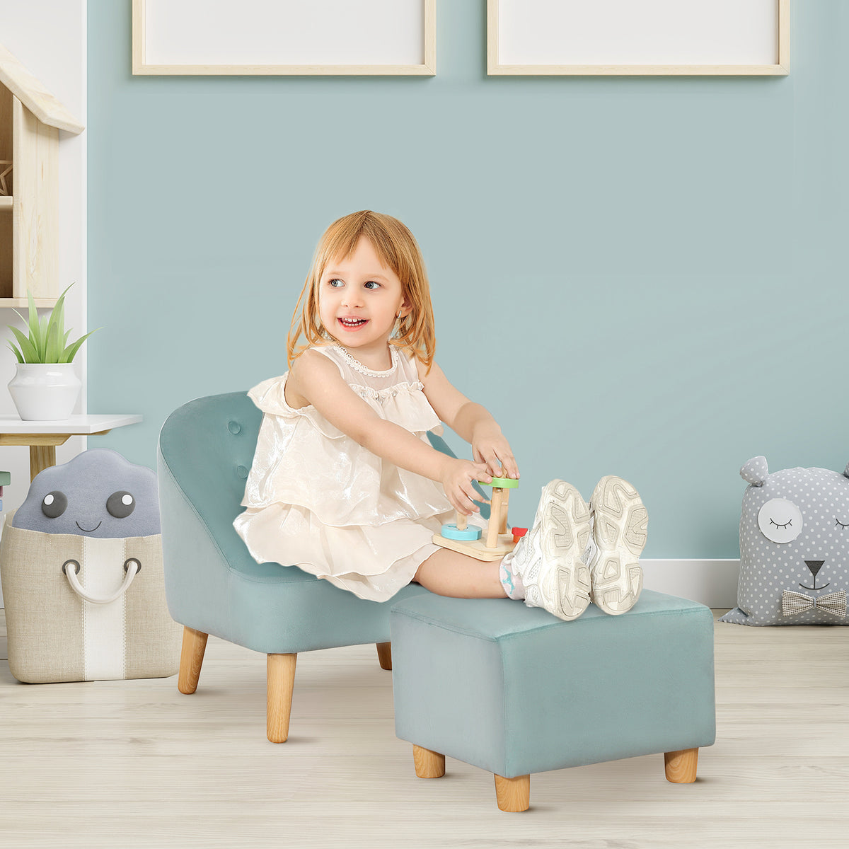 HOMCOM Kindersessel mit Ottomane für Kinder von 3 bis 5 Jahren Niedliches Design Samtoptik 51 cm x 51 cm x 50 cm Grün