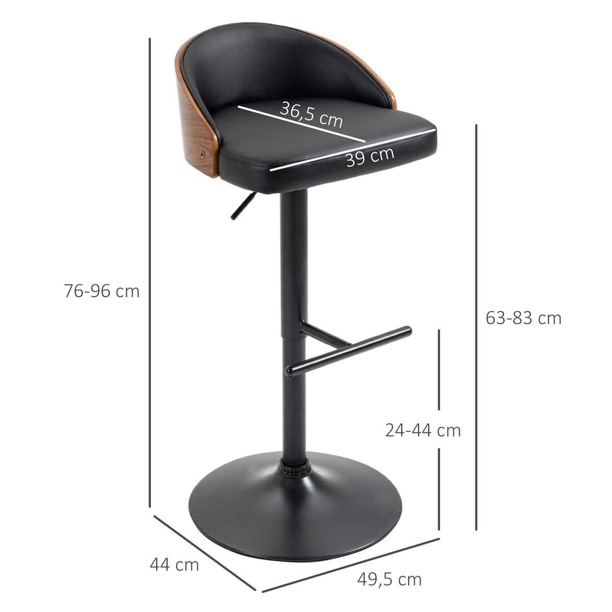 HOMCOM Barhocker 2er Set, Gepolstert Barstuhl aus Stahl und Massivholz, Höhenverstellbar Küchenstühle mit Fußstütze, 360° Drehbar, Tresenhocker für Küche, Wohnzimmer, Esszimmer, Schwarz+Kaffee
