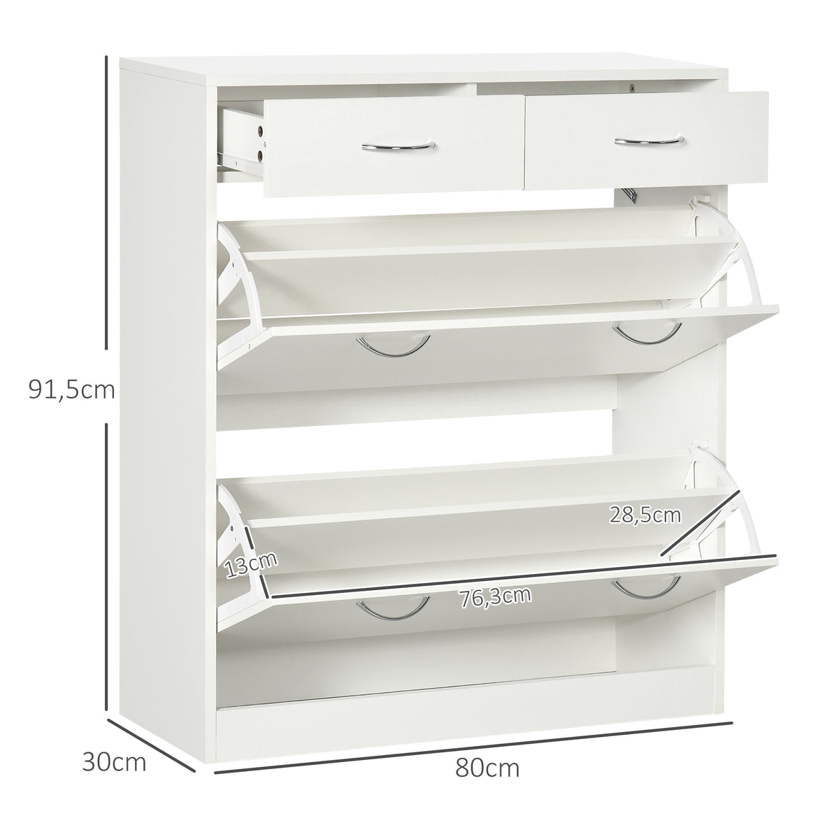 HOMCOM Schuhschrank 2 Schubladen und 2 klappbare Türen mit verstellbarem Regal 80 x 30 x 91,5 cm Alu-Griffe, natur