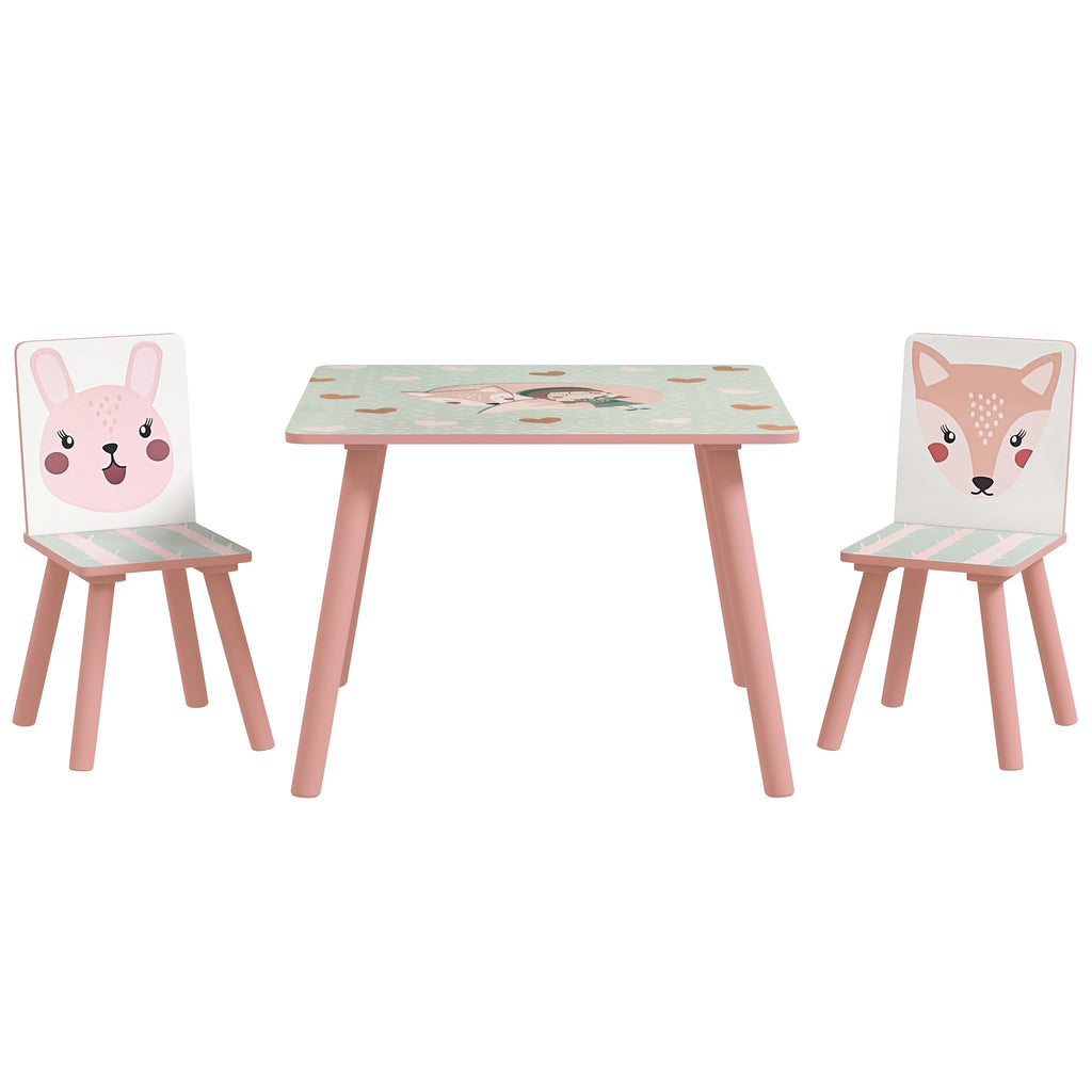 ZONEKIZ Kindertisch und Stuhlset, Kindertisch mit 2 Stühlen, Tiermuster für Kinderzimmer rosa