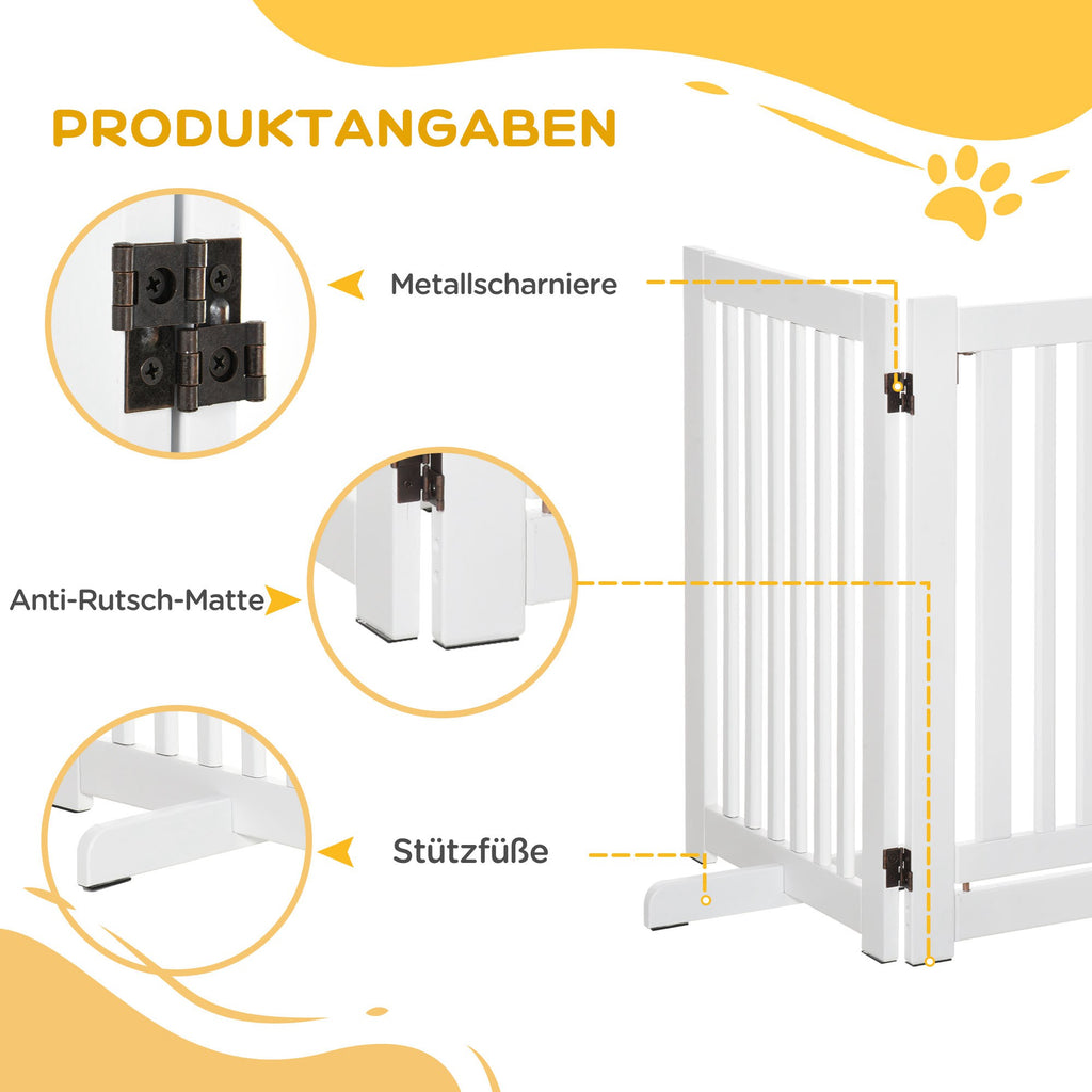 PawHut Absperrgitter Holz Freistehendes Schutzgitter für Hunde Türschutzgitter Verstellbares Hundegitter Treppengitter mit Füßen klappbares Kamingitter für Ofen Weiß 155 x 1,5 x 76 cm