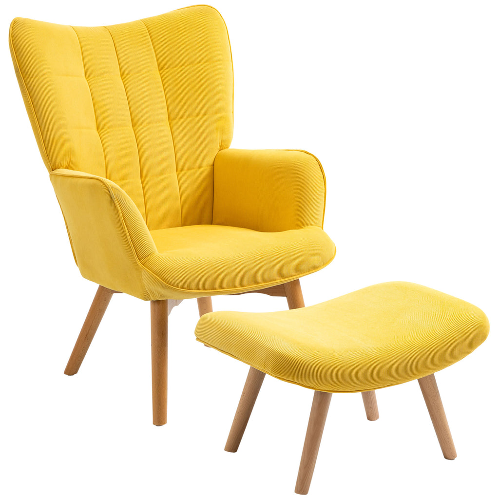 HOMCOM Akzentsessel mit Hocker, Relaxsessel in Cord-Optik, Armlehnstuhl mit Holzbeinen, für Wohnzimmer, Gelb