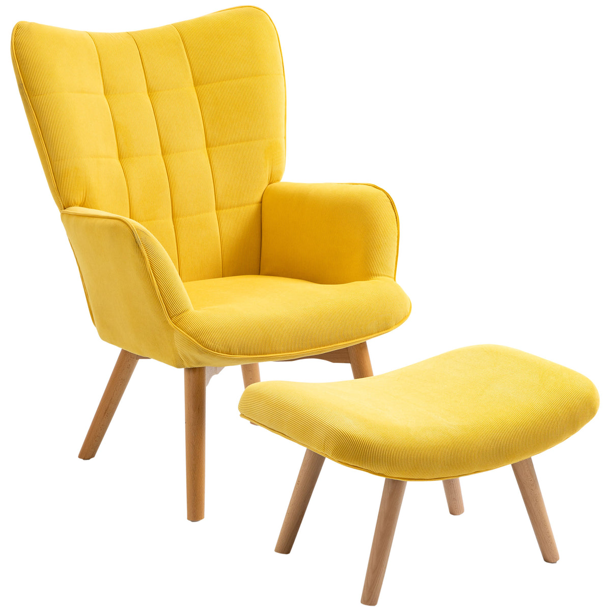 HOMCOM Akzentsessel mit Hocker, Relaxsessel in Cord-Optik, Armlehnstuhl mit Holzbeinen, für Wohnzimmer, Gelb