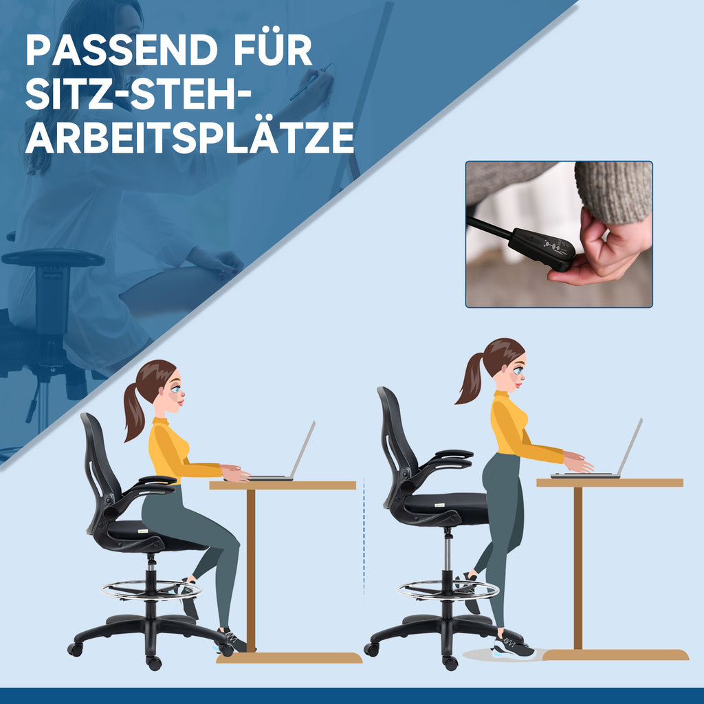 Vinsetto Zeichenstuhl, höhenverstellbarer Bürostuhl, mit Fußstütze, 59 cm x 65 cm x 122 cm, Schwarz
