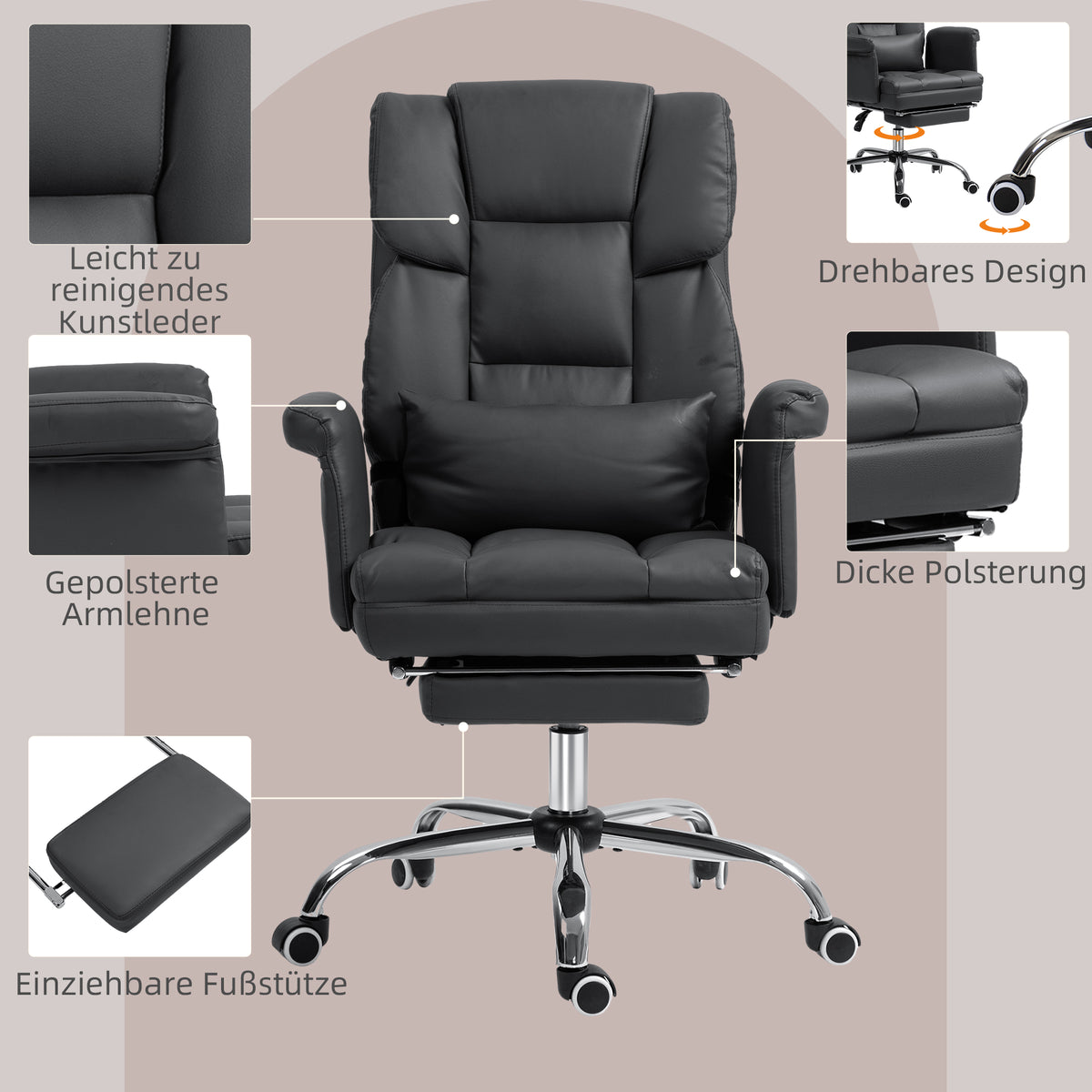 HOMCOM Ergonomischer Bürostuhl, höhenverstellbar 48-56 cm, neigbare Rückenlehne, Fußstütze, Schwarz