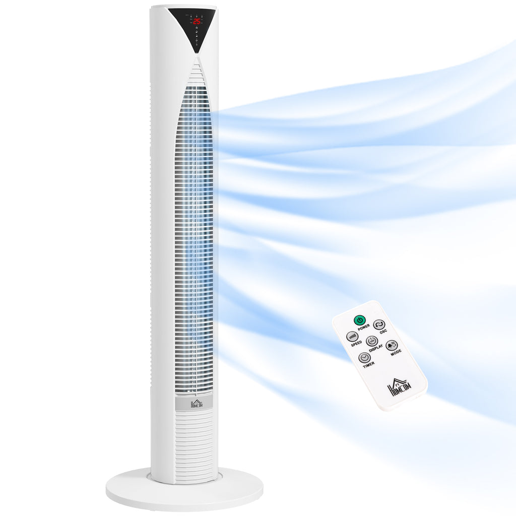HOMCOM Turmventilator mit Fernbedienung, 12-Stunden-Timer, Schlafmodus, 3 Geschwindigkeiten, 31,5 x 31,5 x 96 cm Weiß