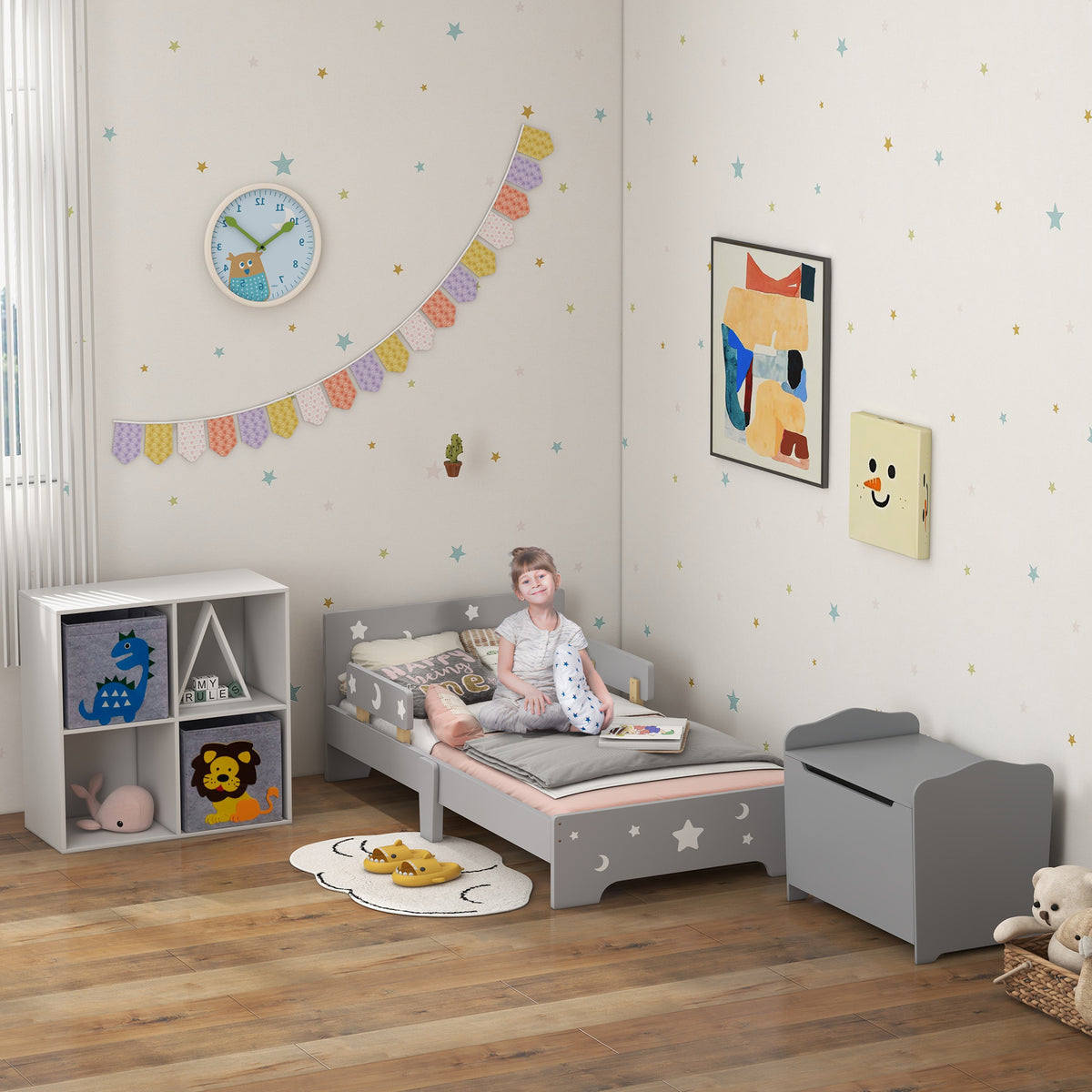 HOMCOM Spielzeugkasten für Kinder Aufbewahrungsbox Truhe 60L x 40B x 48H cm pneumatischer Abstützstand MDF Grau