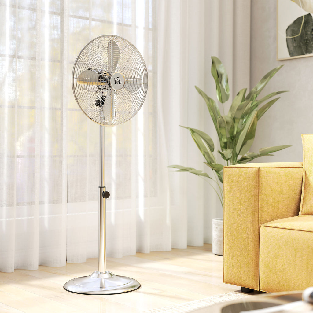 HOMCOM 120 cm Standventilator, Ventilator, Höhenverstellbarer Lüfter, 3 Geschwindigkeitsstufen, Verstellbarer Neigungswinkel, Stahl, Silber