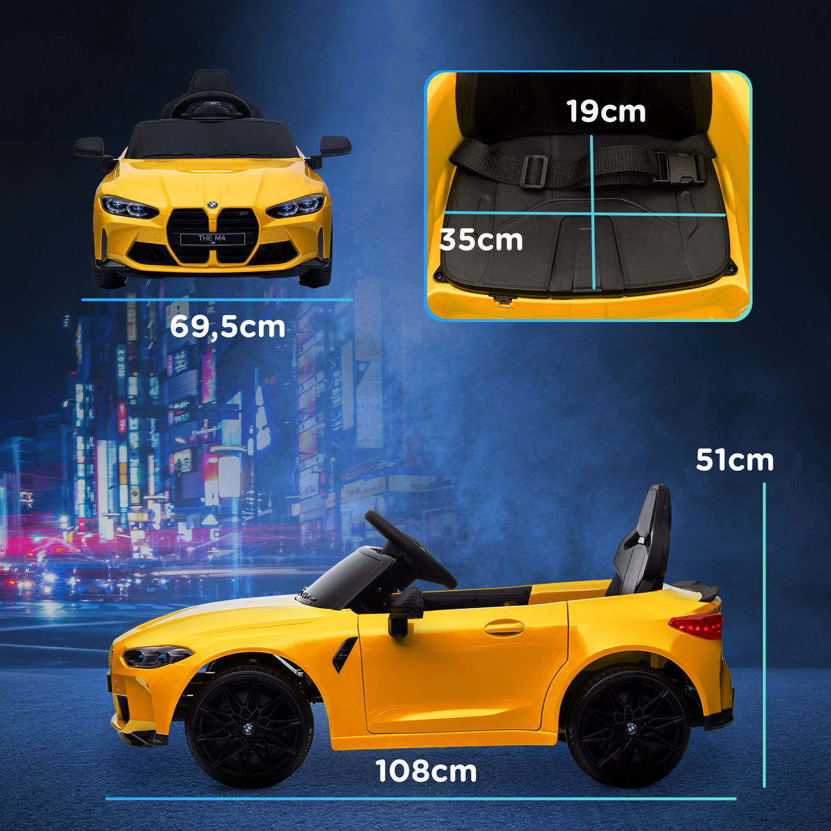 AIYAPLAY Elektro Kinderauto BMW M4, Sound & Licht, 3-5 km/h, inkl. Fernsteuerung, für 3-5 Jahre, Gelb