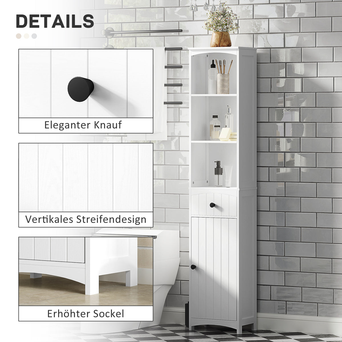 HOMCOM Badezimmerschrank mit 3 Regalen, 1 Schublade, robust, MDF, Weiß