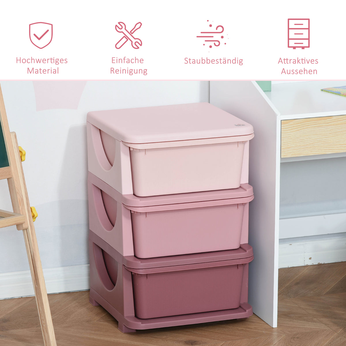 HOMCOM Aufbewahrungsboxen für Kinder, 3 Schubladen, abgerundete Kanten, erhöhtes Design, 37x37x56,5 cm, Rosa