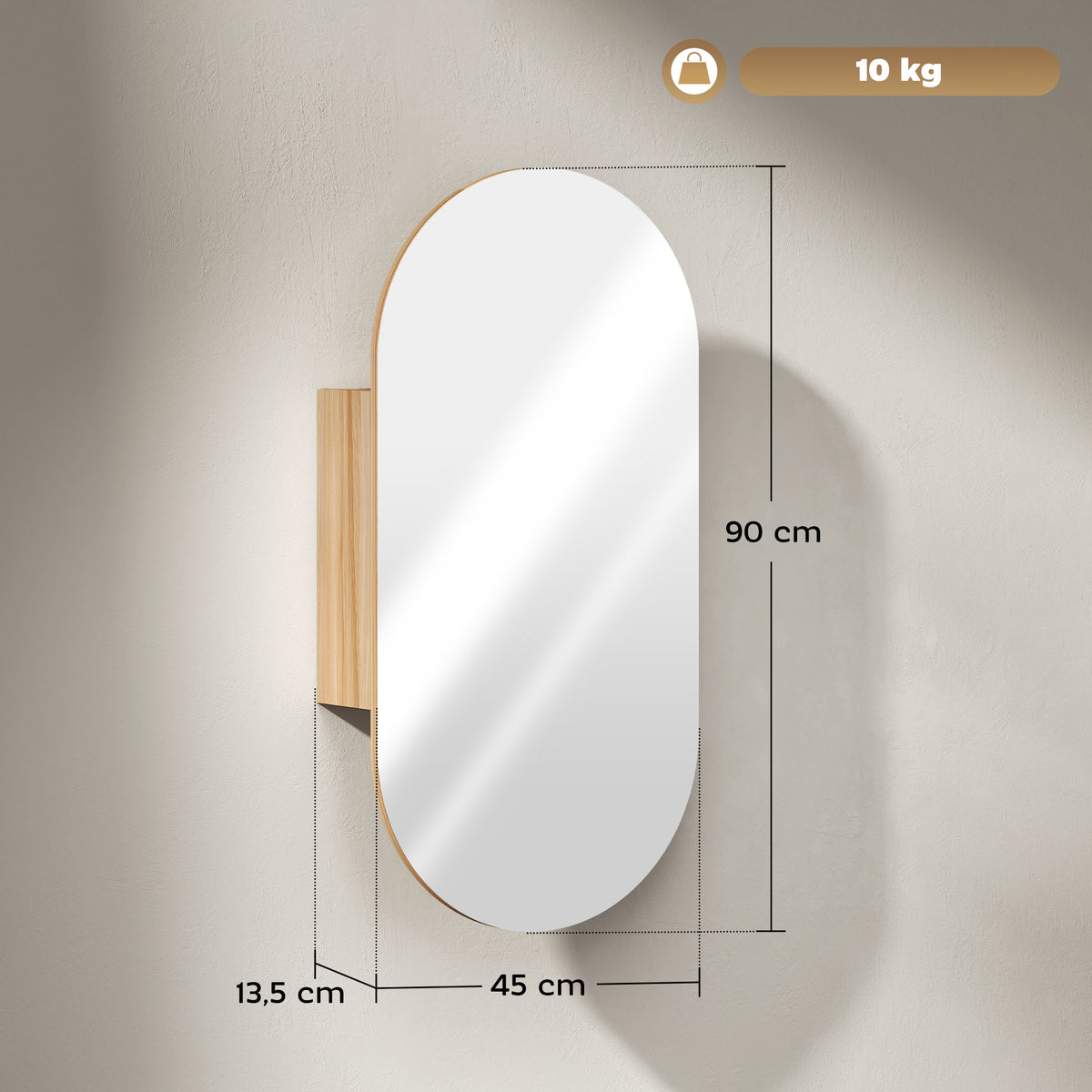 HOMCOM Wandspiegelschrank Badezimmer mit ovalem Spiegel 45 x 90 cm modern rahmenlos Naturholz