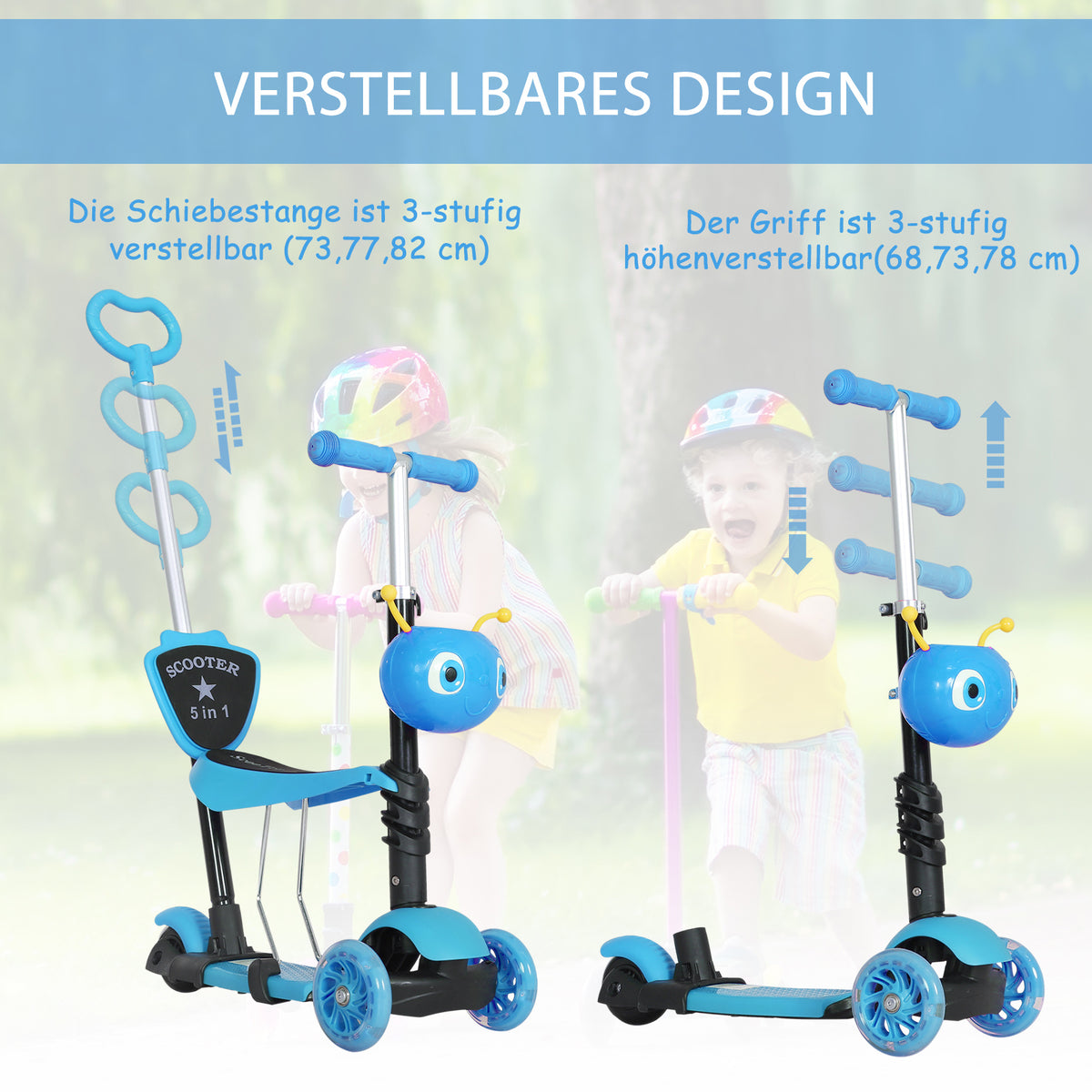 HOMCOM 5-in-1 Kinderroller Scooter Tretroller Cityroller Kinder Roller Kickboard Lenker Teleskoprohr höhenverstellbar Blau 62 x 25 x 72,5 cm