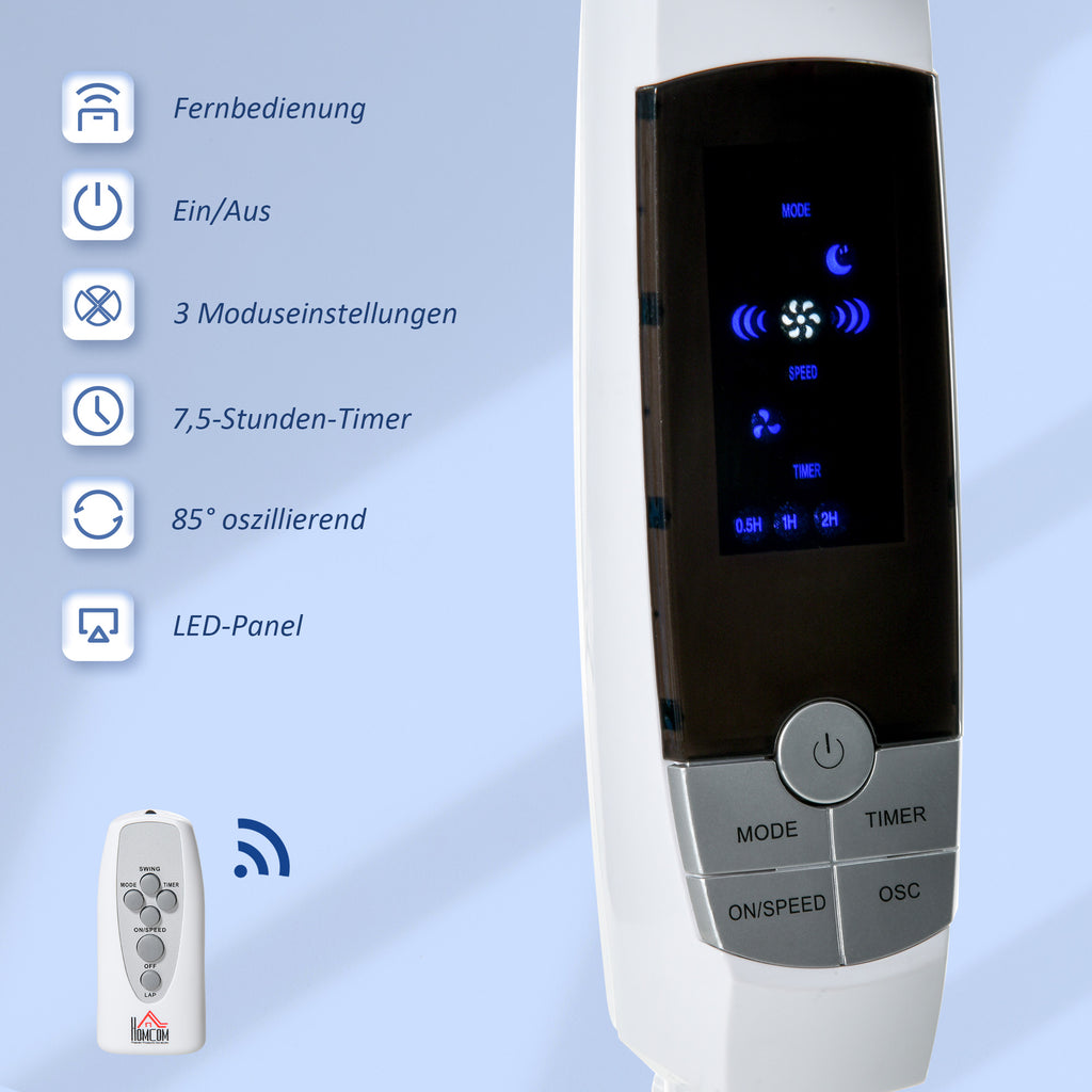HOMCOM Standventilator, 3 Geschwindigkeiten, 3 Modi, Timer, Fernbedienung, 45 x 42 x 118-138 cm, Weiß