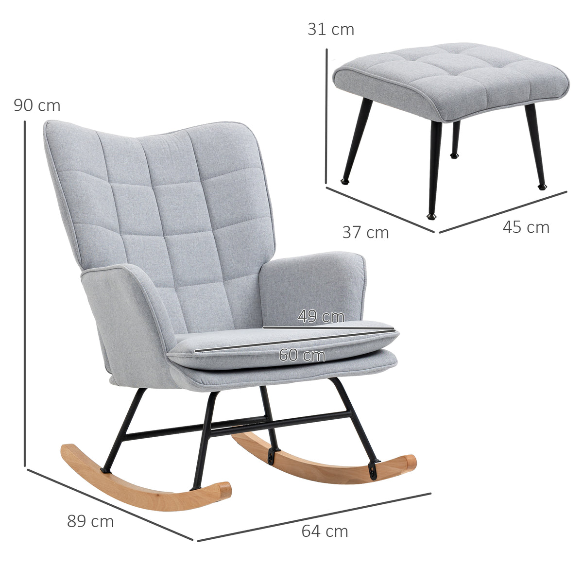 HOMCOM Schaukelstuhl mit Ottomane Skandidesign Schaukelstuhl mit Fußhocker, Buchenholz, Steppung, 64 cm x 89 cm x 90 cm Grau