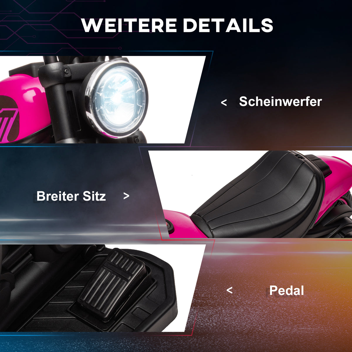 HOMCOM Elektro-Kindermotorrad mit Stützrädern, Scheinwerfer, 1,5 bis 3 km/h, für Kinder 1,5 bis 3 Jahren, pink