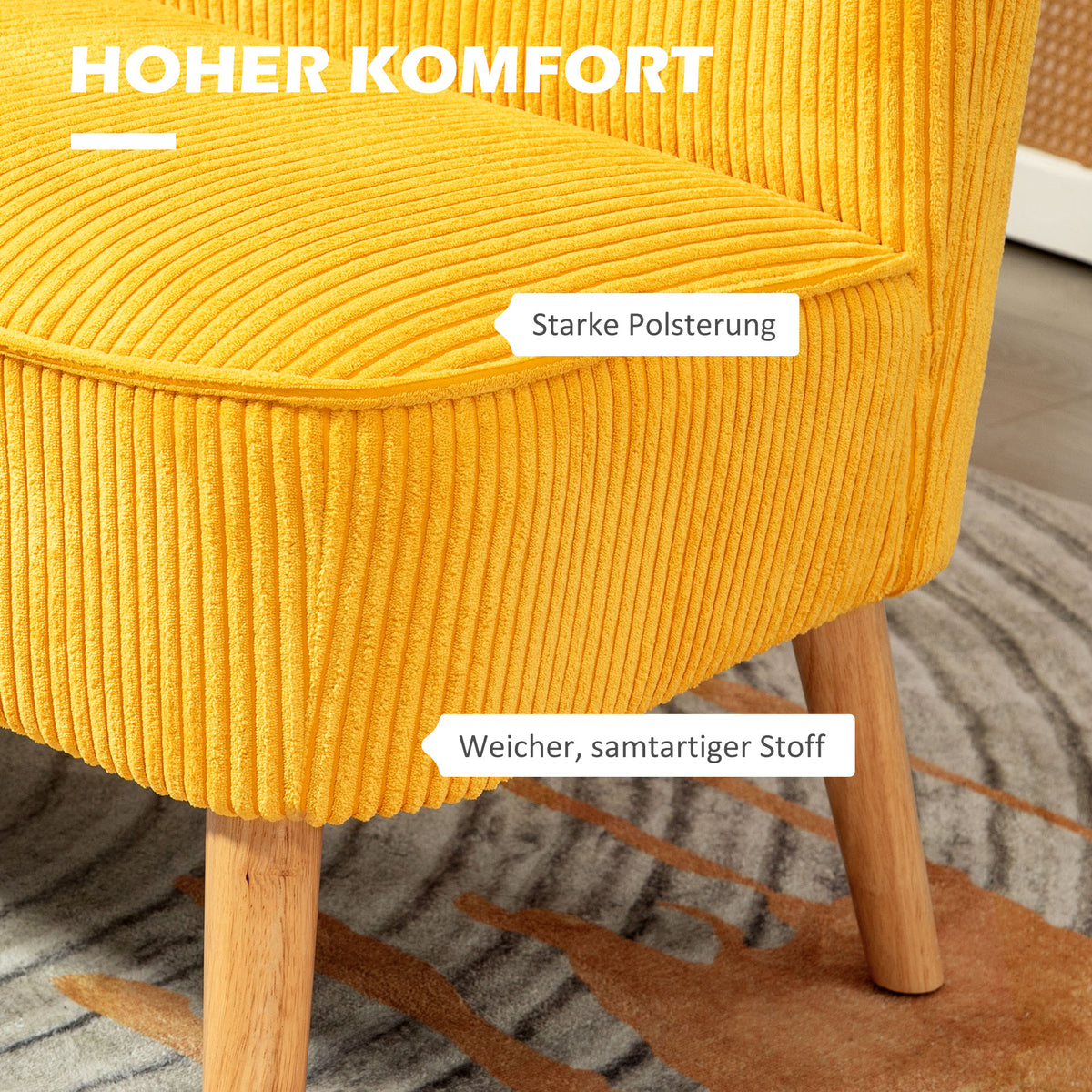 HOMCOM Zweisitzer-Sofa, elegantes Skandi Design, massiver Holzrahmen, bis 150 kg, 117 x 56,5 x 77 cm, Gelb