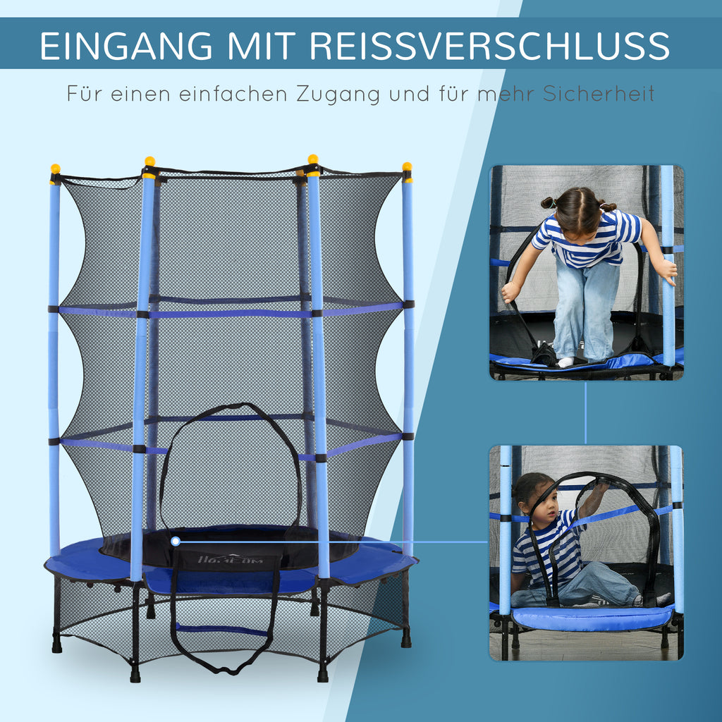 HOMCOM Trampolin für Kinder, Ø140 cm, mit Sicherheitsnetz, für innen und außen, Stahl, Kunststoff, belastbar bis 50 kg, Blau