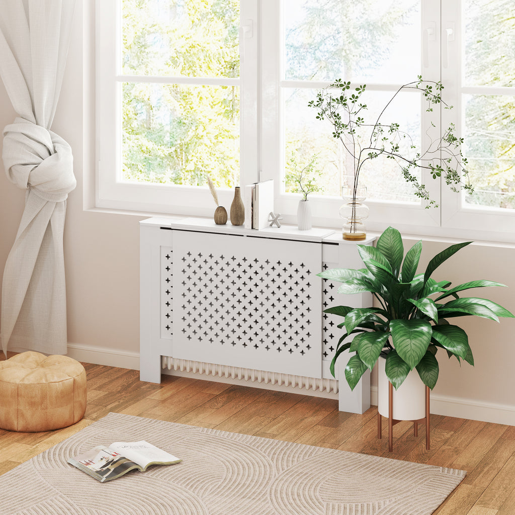 HOMCOM Verstellbare Heizkörperverkleidung mit zeitgenössischem Design Ausziehbare Länge 136-200 x 21,5 x 91,7 cm Weiß