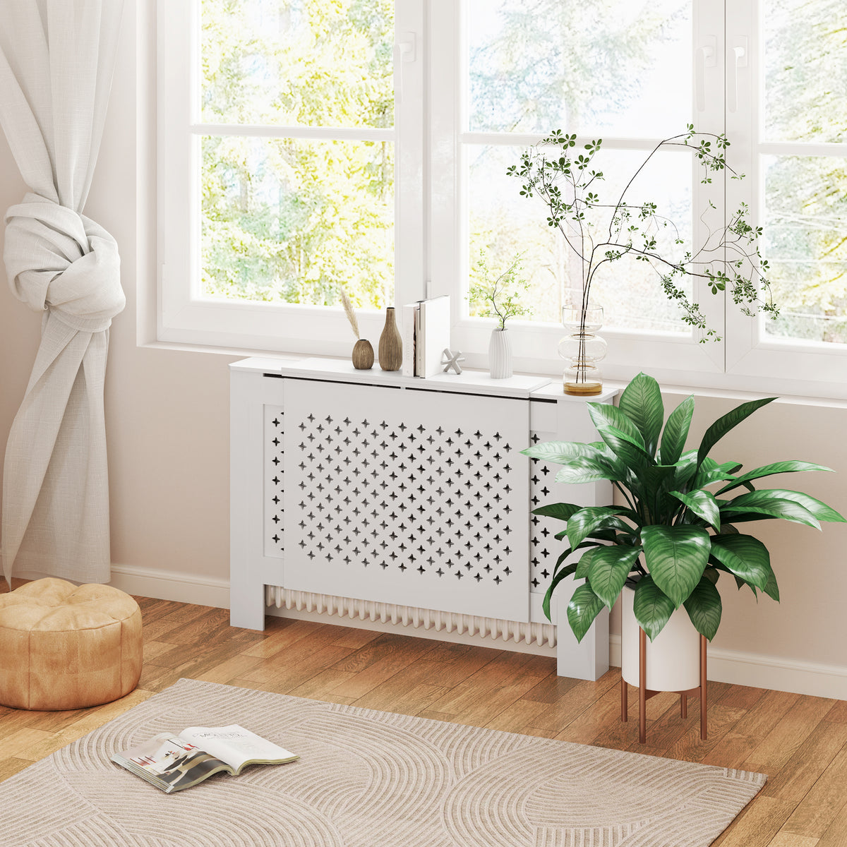 HOMCOM Verstellbare Heizkörperverkleidung mit zeitgenössischem Design Ausziehbare Länge 136-200 x 21,5 x 91,7 cm Weiß